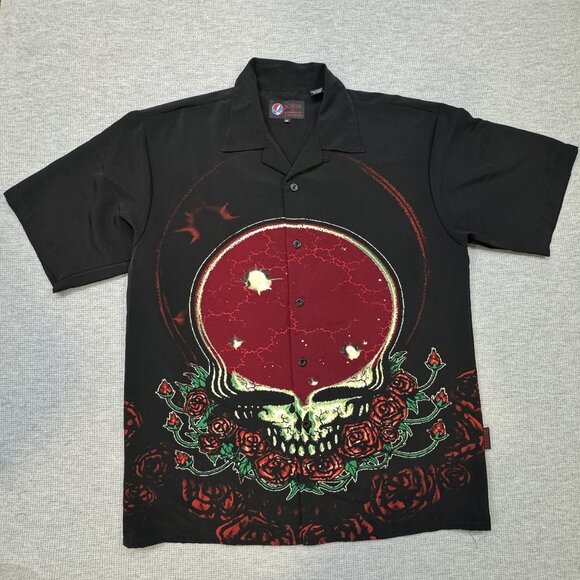 Vintage Grateful Dead By Dragonfly Skull Bertha Rose Button Shirt Black Mens Sz - Picture 1 of 13